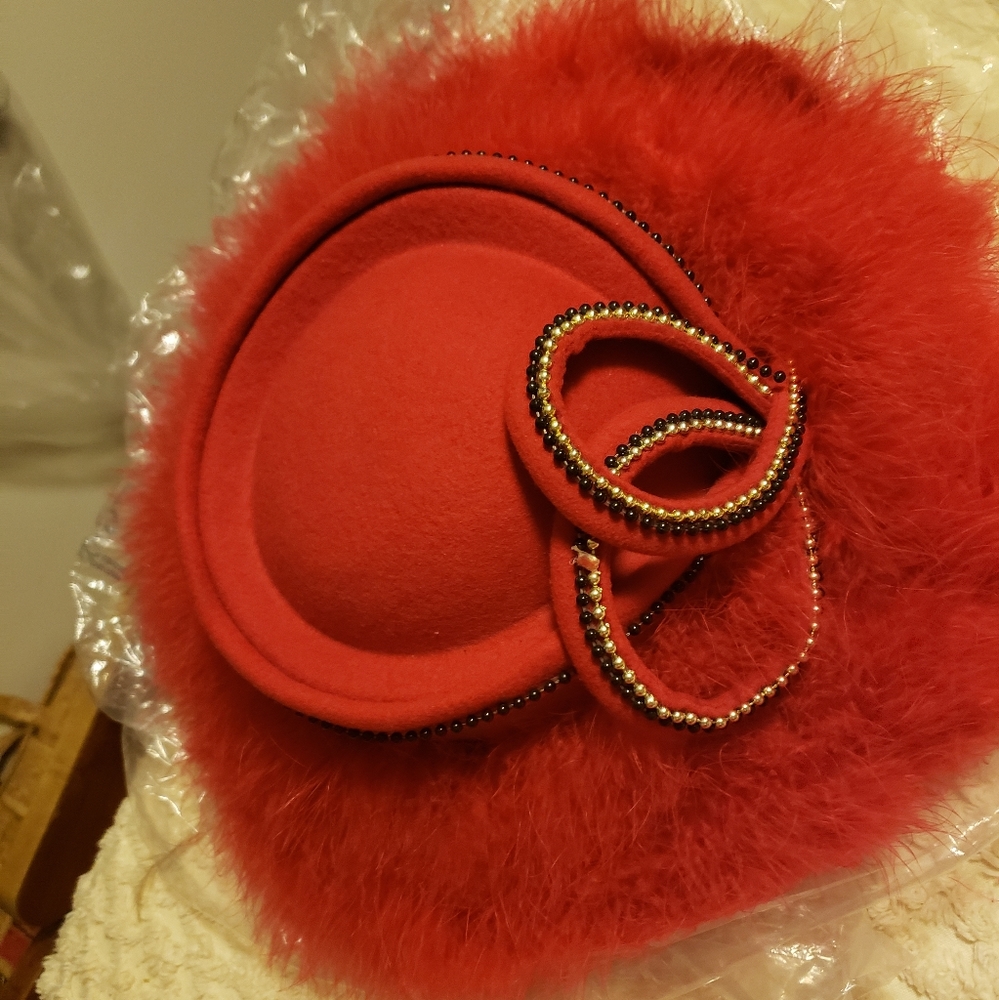 Red Furry Rhinestone Church Hat - Picture 2 of 2